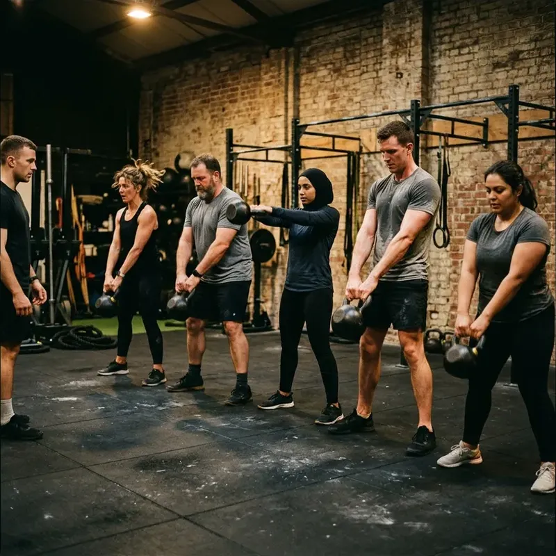 A small group class training with kettlebells